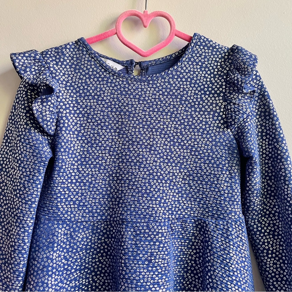 Pippa & Julie | Navy Blue & Silver Dot Ruffle Shoulder Fit and Flair Dress - Picture 5 of 5